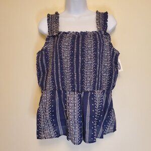 NWT Old Navy Sleeveless Smocked-Bodice Blue/White Printed Peplum Top - (L)